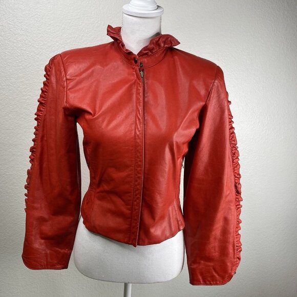 Triangles Tannery West Jackets & Blazers - Vintage Triangles - Tannery West Jacket Womens Red Sz 5 Leather Ruffle 80's 90's